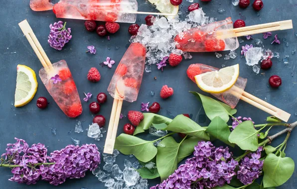 Flowers, lemon, Berries, lilac, Ice cream, Citrus
