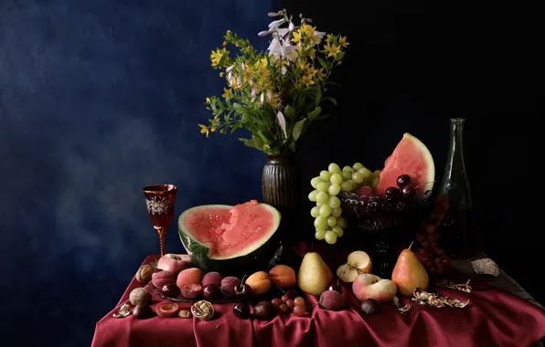 Flowers, branches, the dark background, table, apples, glass, bottle, bouquet