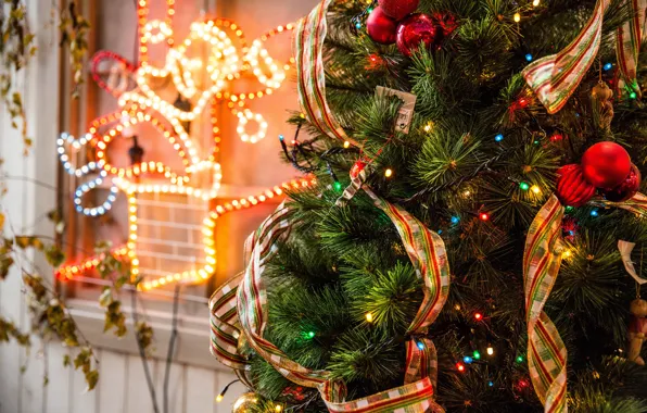 Winter, balls, branches, tape, holiday, balls, toys, lights