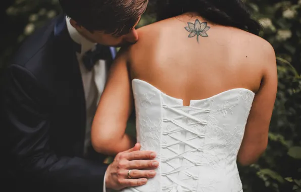Back, kiss, dress, ring, tattoo, corset, the bride, the groom
