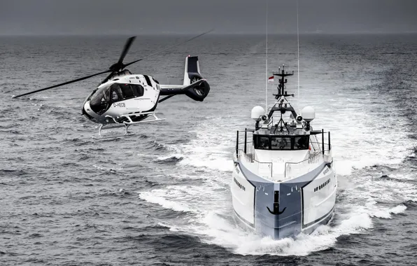 Picture Water, Yacht, Helicopter, Helicopter, Airbus, Black and white, Airbus Corporate Helicopters, VIP transport