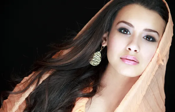 Girl, brunette, shawl, earrings, brown-eyed