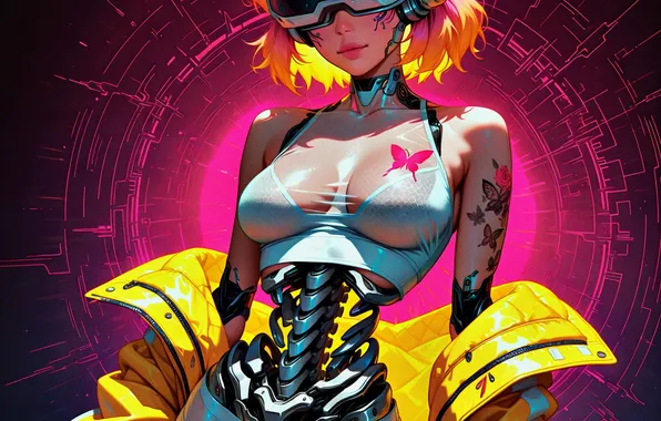 Girl, fantasy, robot, pink hair, science fiction, sci-fi, cyberpunk, tattoo