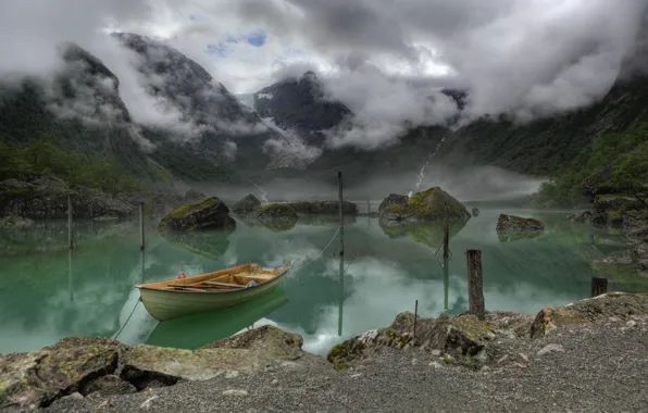 Mountains, fog, lake, boat, Norway, Lake, Bondhus