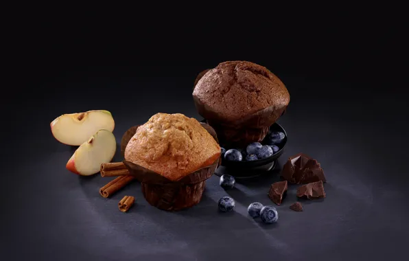 Picture berries, apples, still life, cinnamon, cupcakes