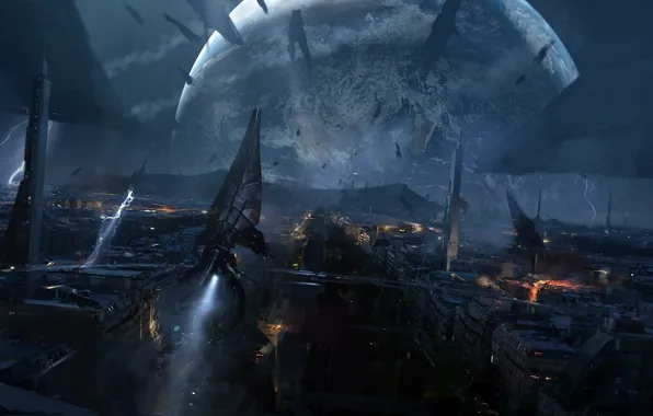 The city, planet, ships, mass effect 3, the reapers, reapers