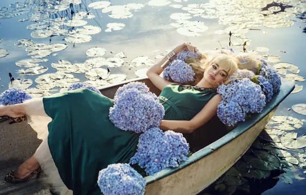 Picture girl, flowers, model, boat, blonde