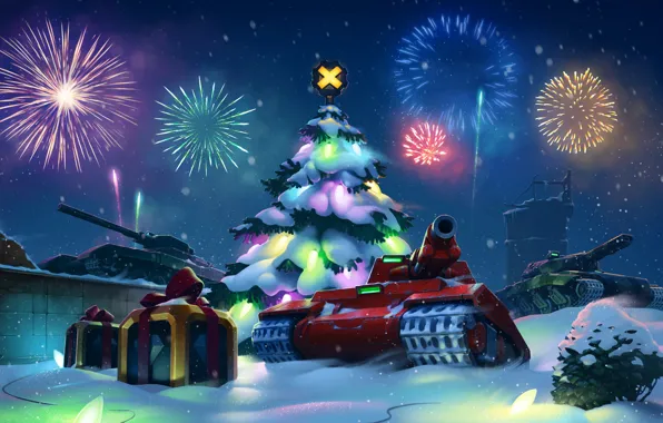 Snow, red, mood, tree, new year, salute, gifts, red