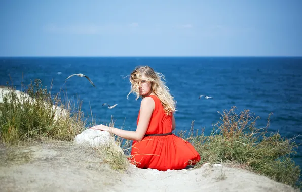 BLONDE, SEA, HORIZON, The SKY, DRESS, COAST, BLACK, RED