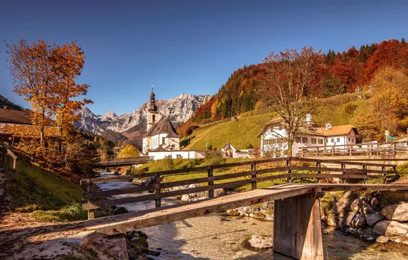 Picture autumn, trees, mountains, bridge, house, river, Germany, Bayern