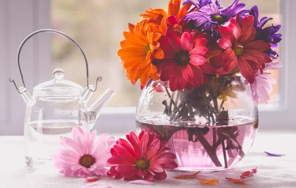 Bouquet, kettle, vase