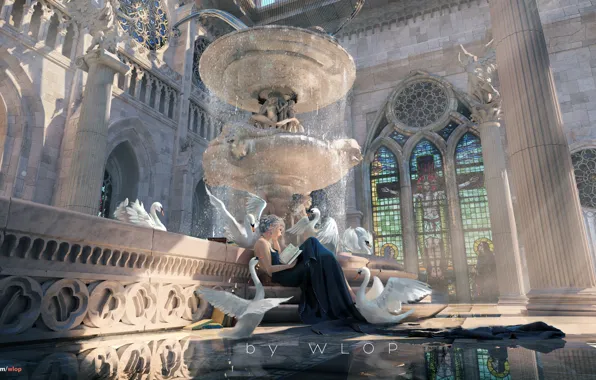 Girl, birds, book, sculpture, hall, swans, items, reading