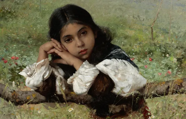 1882, American painter, American artist, Moments of reverie, Charles Sprague Pearce, Moments of Thoughtfulness, Charles …