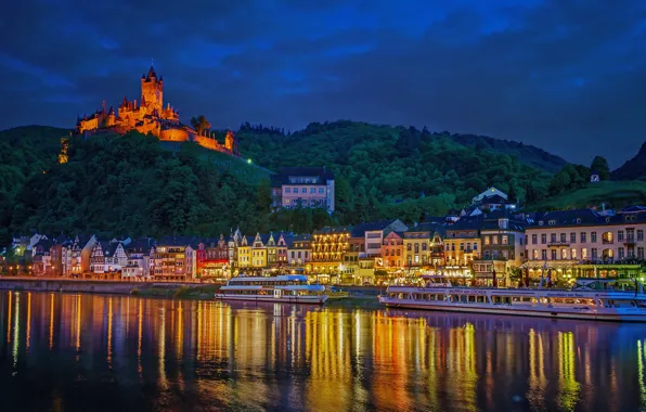 River, castle, building, home, Germany, pier, hill, night city