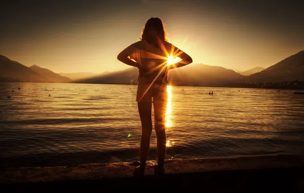 Picture sea, the sun, treatment, silhouette, girl