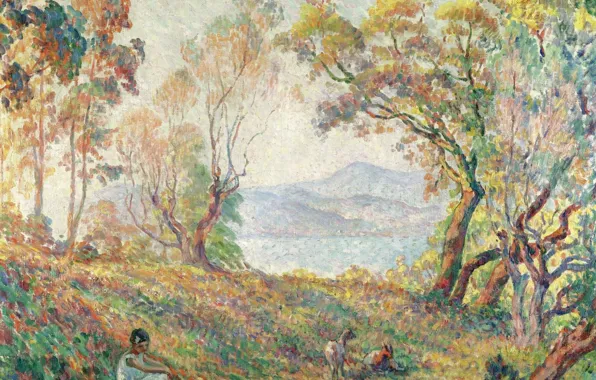 Landscape, picture, Henri Lebasque, Henri Lebacq, A young Girl in the Woods
