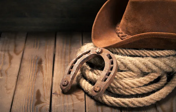Picture hat, wooden floor, Horseshoe, cowboy hat