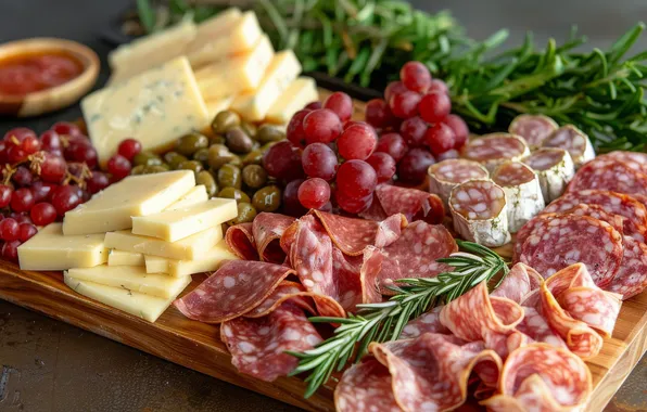 Table, cheese, grapes, a lot, sausage, cutting, rosemary, cuts