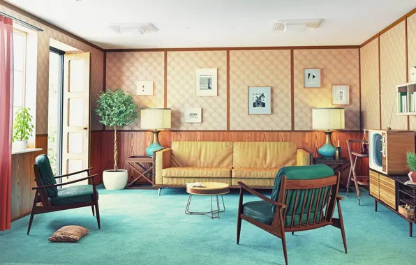 Retro, room, interior, living room, Retro style