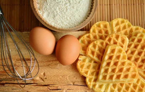 Picture eggs, waffles, cakes, flour