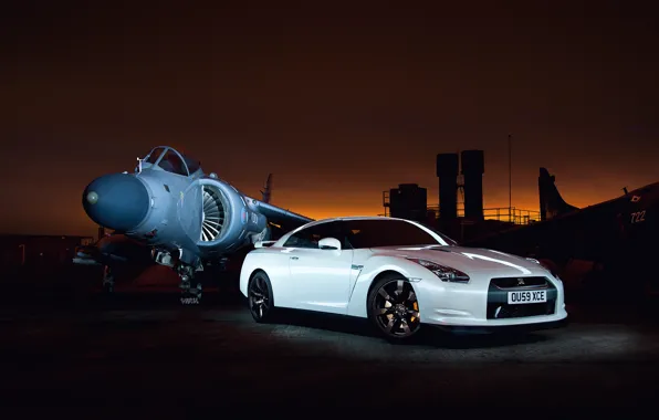 Picture white, sunset, excerpt, GTR, Nissan, the airfield, aircraft, Godzilla