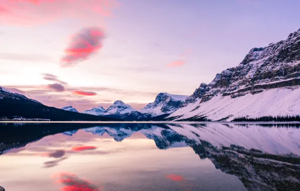 Forest, the sky, snow, landscape, mountains, lake, reflection