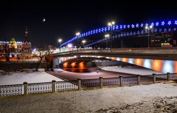 Picture photo, Home, Winter, Bridge, Night, The city, River, Russia