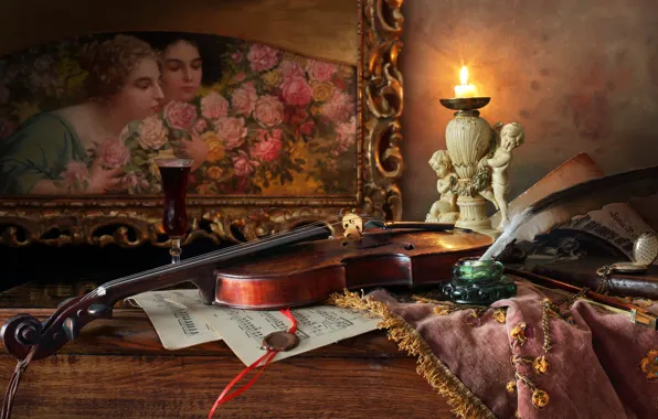 Picture style, notes, pen, violin, candle, picture, still life, candle holder
