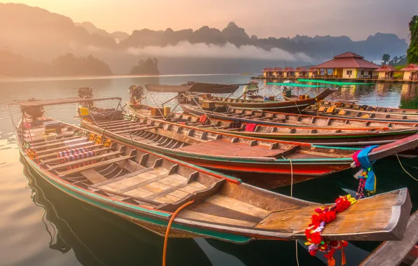 Mountains, fog, lake, boats, morning, pier, Thailand, Cheow Lan Lake