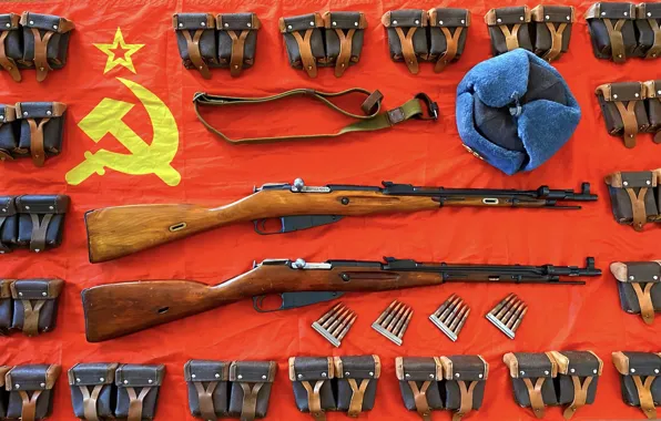 Hat, flag, cartridges, Mosin, Rifles