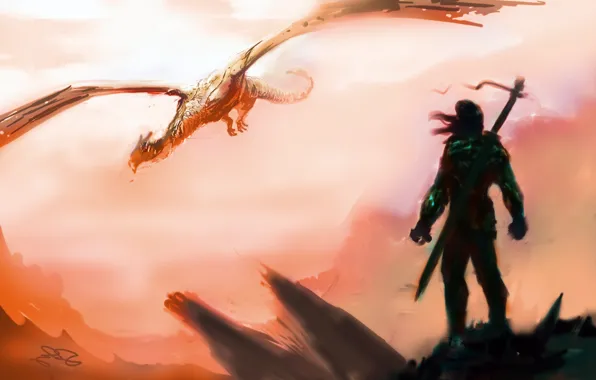 Picture the sky, flight, weapons, fiction, dragon, sword, warrior, art