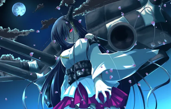 The sky, girl, night, weapons, the moon, anime, petals, art