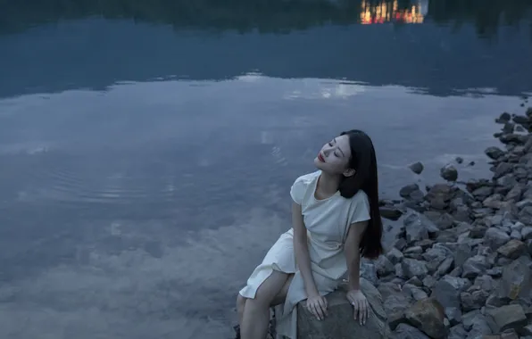 Rock, Beautiful, Asian, Model, Water, Night, Woman, Evening