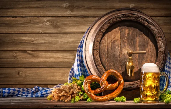 Picture beer, barrel, pretzel