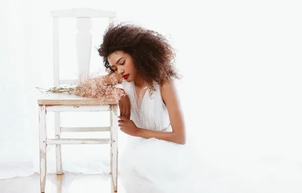 Girl, flowers, chair