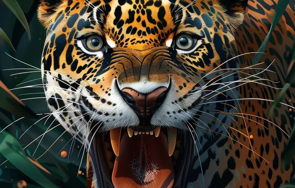 Mustache, Jaguar, Mouth, Fangs, Face, Predator, Art, Digital art