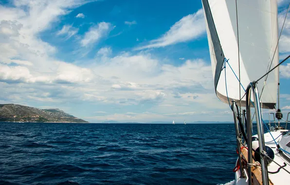 Sea, the sky, clouds, coast, yacht, sail, swimming