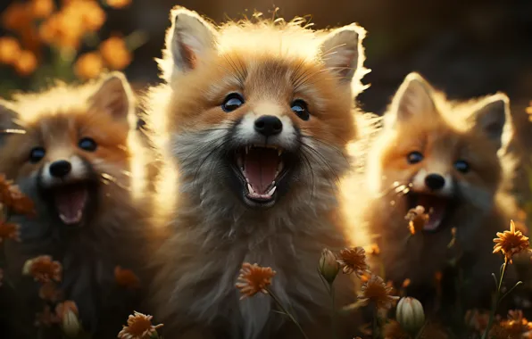 Look, mouth, Fox, faces, Fox, cubs, AI art, neural network