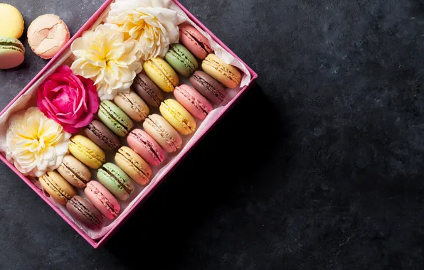 Flowers, gift, colorful, wood, pink, flowers, macarons, gift box