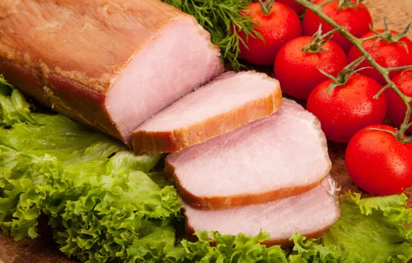 Meat, tomatoes, salmon