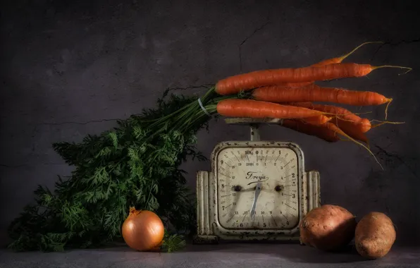 The dark background, tops, bow, the beam, still life, Libra, carrots, root vegetables