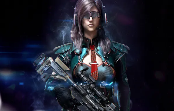 Picture girl, rendering, weapons, cyberpunk