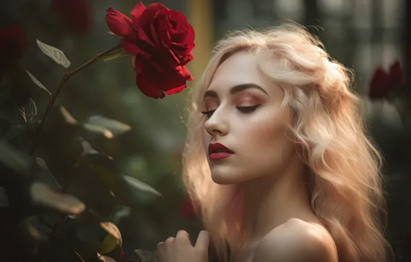 Flower, girl, face, rendering, rose, portrait, art, blonde