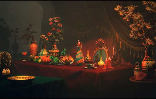 Table, dishes, decoration, The Kitten of Toussaint, Guardian of the Ruby