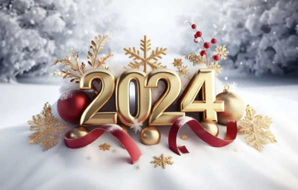 Figures, New year, golden, snow, decoration, numbers, New year, 2024