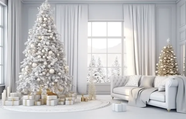 Winter, decoration, room, gift, balls, tree, new year, interior