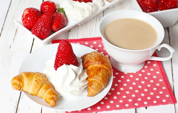 Food, strawberry, berry, drink, cream, strawberry, cocoa, croissants