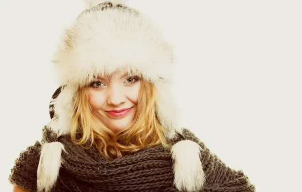 Picture smile, background, hat, portrait, makeup, scarf, hairstyle, blonde