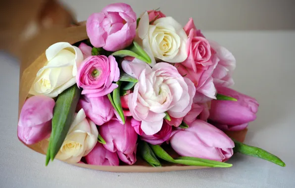 Picture bouquet, tulips, pink, peonies, buttercups
