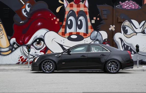 Black, Cadillac, profile, grafiti, black, CTS-V, Cadillac